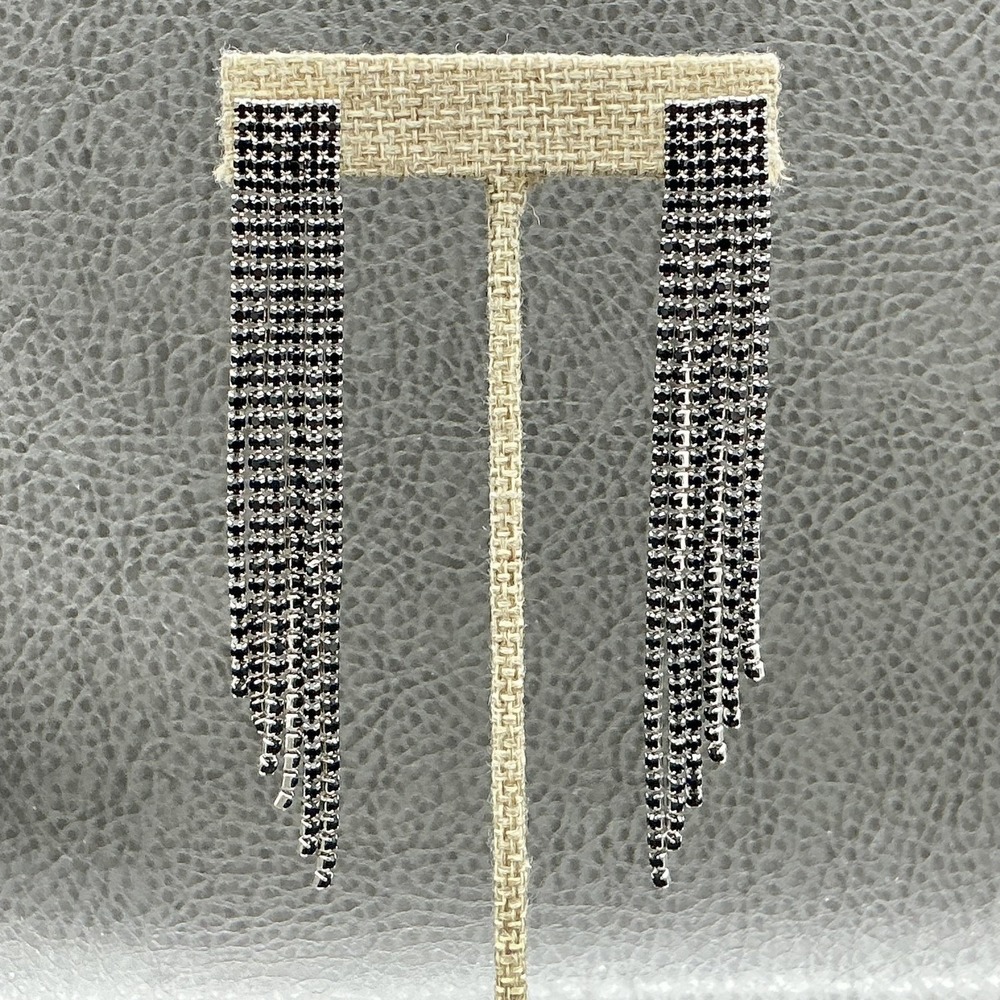 Earrings Silver Tone Black Rhinestone Tassel Dangle Drop 3.5" Crystal Jewelry